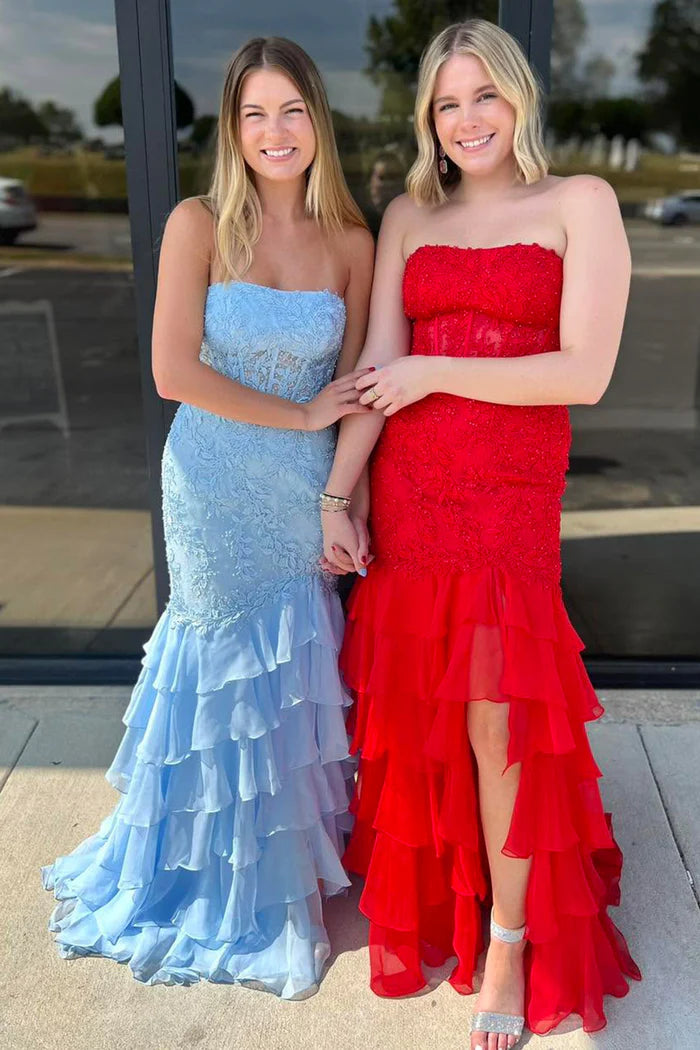 Weitese Dress Mint Green Mermaid Strapless Lace Top Maxi Dress Prom Dress With Tiered