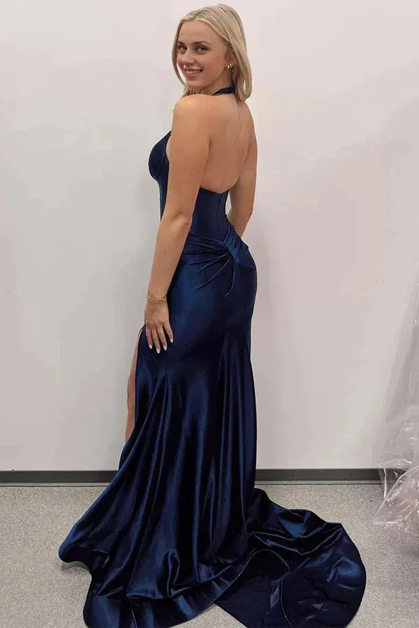 Weitese Dress Navy Blue Halter Mermaid Long Prom Dress with Slit