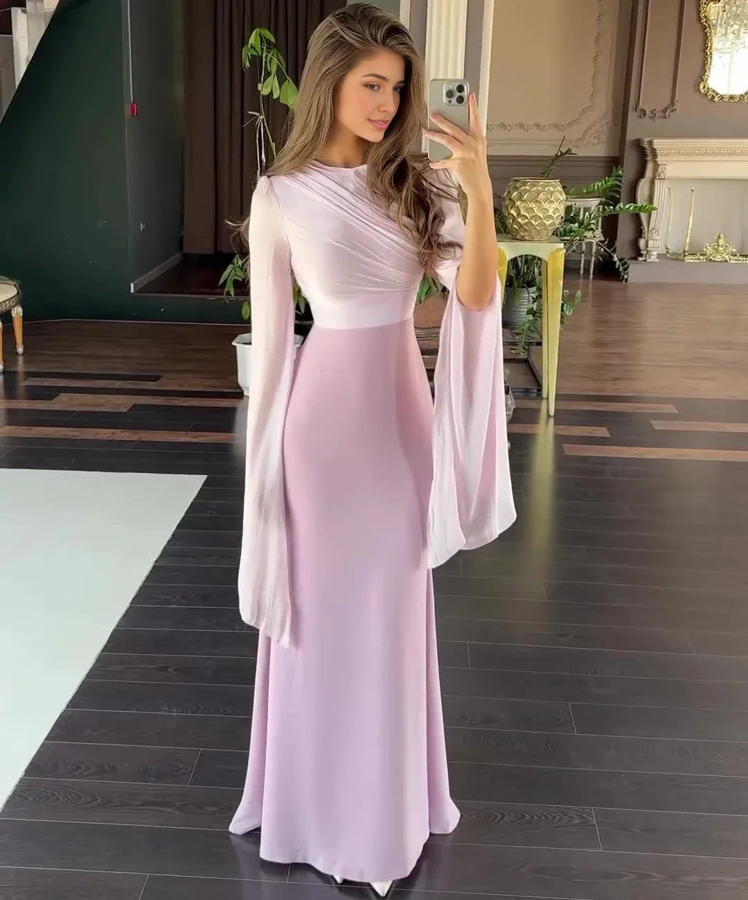Weitese Dress Patchwork Draped Long Sleeve Maxi Dress Party Dress Light Purple Chic Floor Length Prom Dress Light Blue A-line Evening Dress