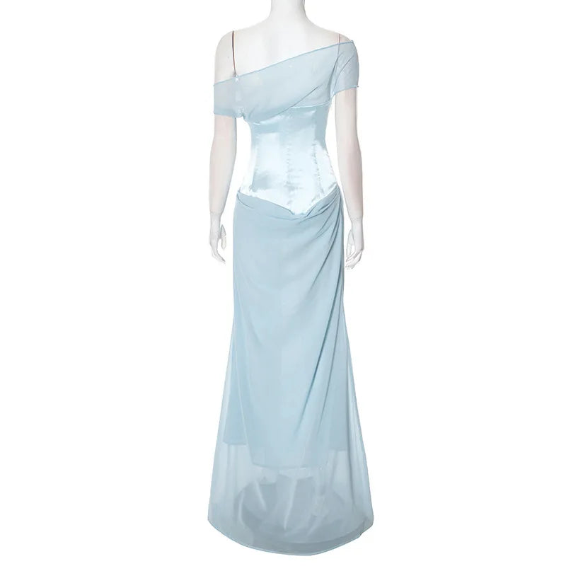 Weitese Dress Patchwork Sexy Diagonal Collar Women Maxi Dress Backless High Wasit Dress Spring New Elegant Party Evening Prom Dress