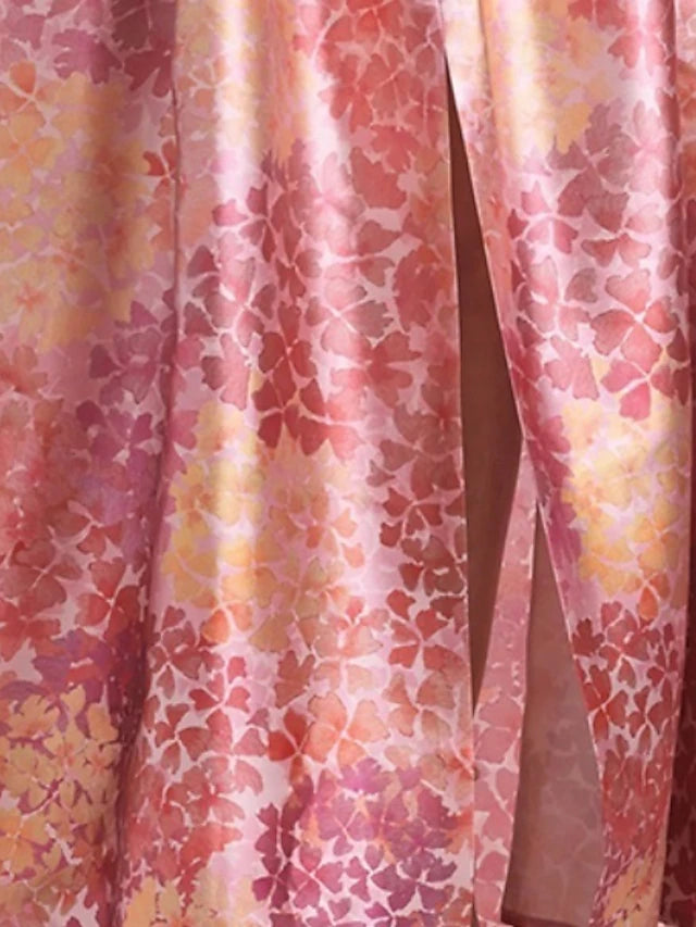 Weitese Dress Pink Blue A-Line Elegant Formal Wedding Floor Length Half Sleeve Shirt Collar Satin With Floral Print Slit Wedding Guest Dress Evening Dress