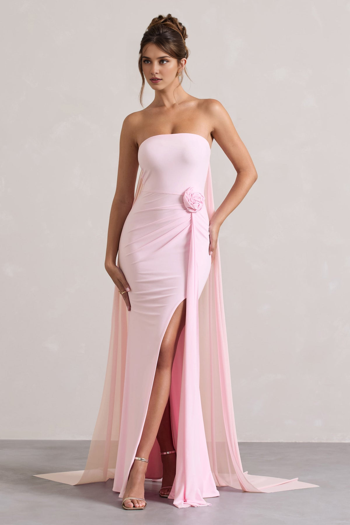 Weitese Dress Pink Strapless Wrap Cape Maxi Dress With Corsage Bridesmaid Dress Strapless Floor Length With Train Prom Dress