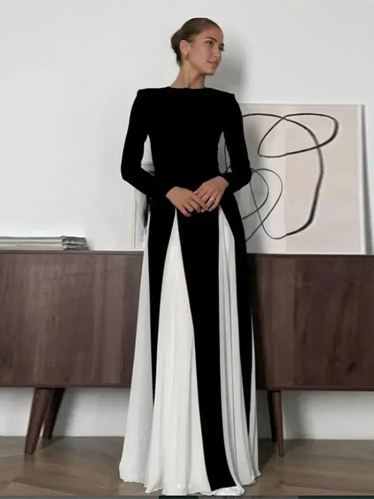 Weitese Dress Pleated Patchwork Long Sleeve Maxi Dress Round Neck Floor Length Party Dress