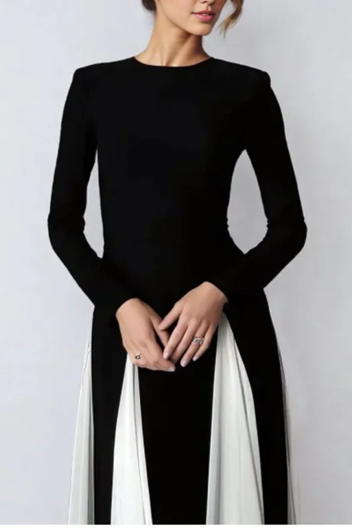 Weitese Dress Pleated Patchwork Long Sleeve Maxi Dress Round Neck Floor Length Party Dress