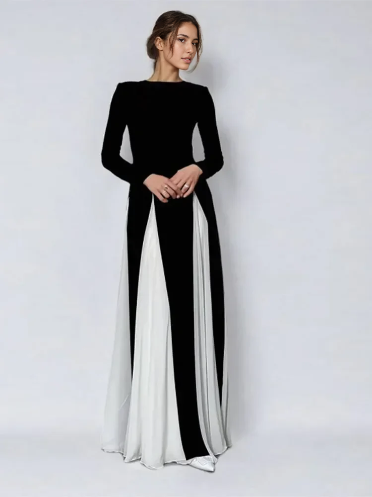 Weitese Dress Pleated Patchwork Long Sleeve Maxi Dress Round Neck Floor Length Party Dress
