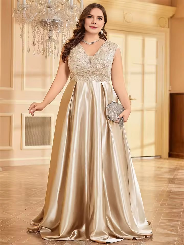 Robe Weitese grande taille, luxueuse robe de soirée en satin doré à col en V, robe de soirée pour femme, robe de cocktail, robe de soirée pour mère de la mariée 