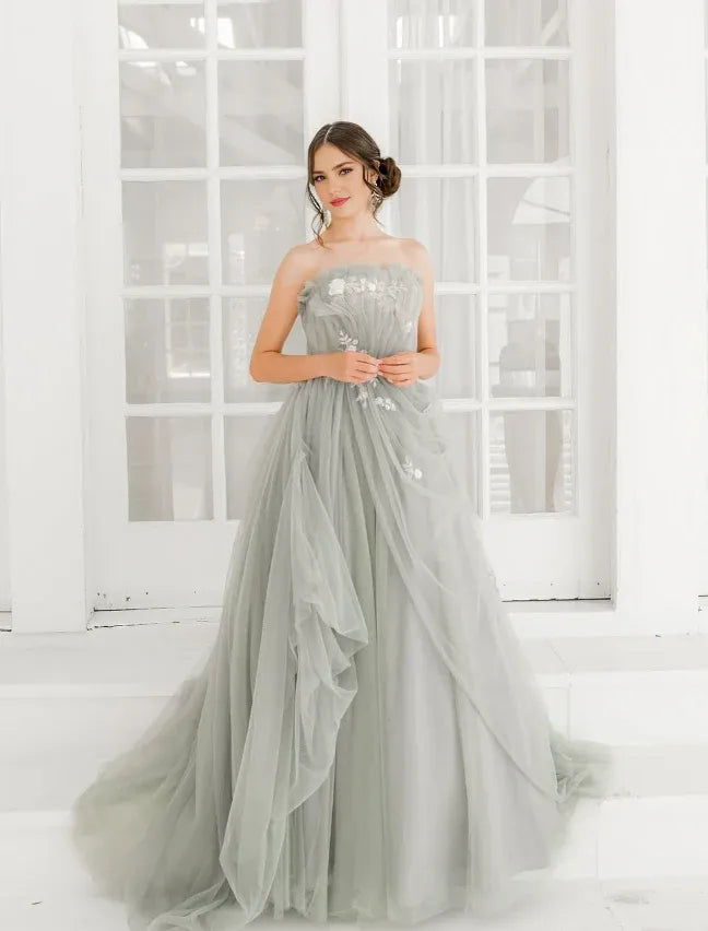 Vestido Weitese, bonito vestido de fiesta largo de tul gris sin tirantes y con apliques, vestido de noche 