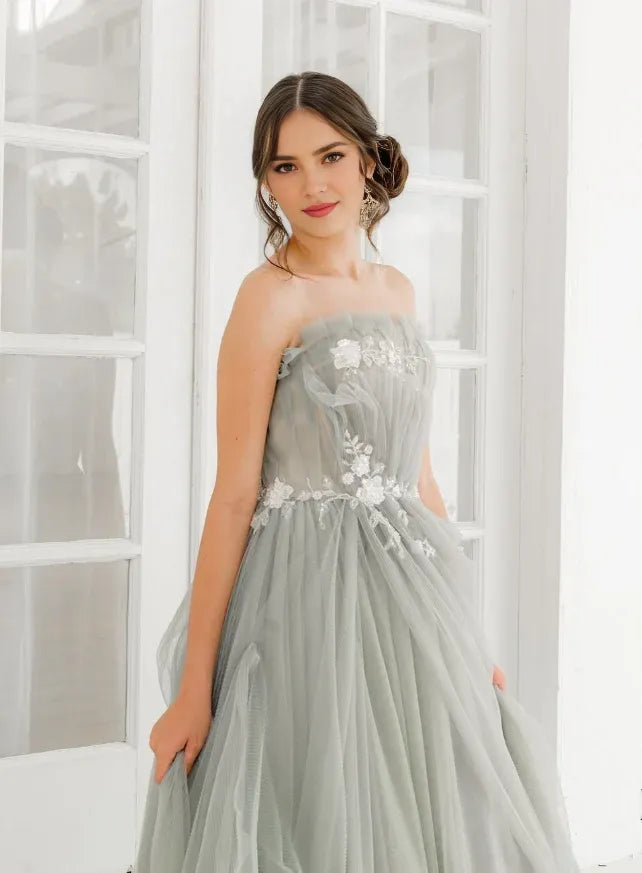 Vestido Weitese, bonito vestido de fiesta largo de tul gris sin tirantes y con apliques, vestido de noche 