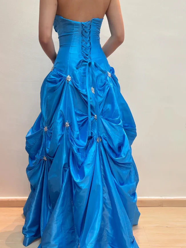 Weitese Dress Princess A Line Sweetheart Neck Beaded Rhinestone Blue Satin Long Prom Dress Evening Dress Party Dress