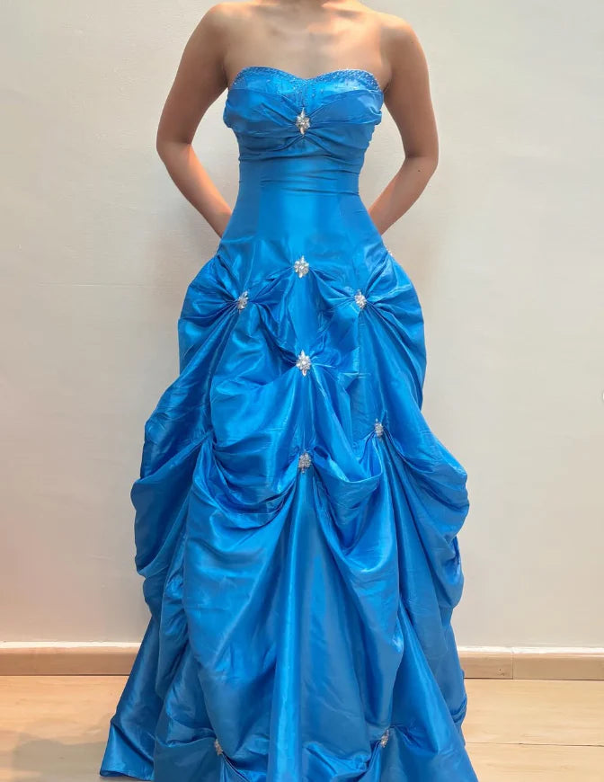 Weitese Dress Princess A Line Sweetheart Neck Beaded Rhinestone Blue Satin Long Prom Dress Evening Dress Party Dress