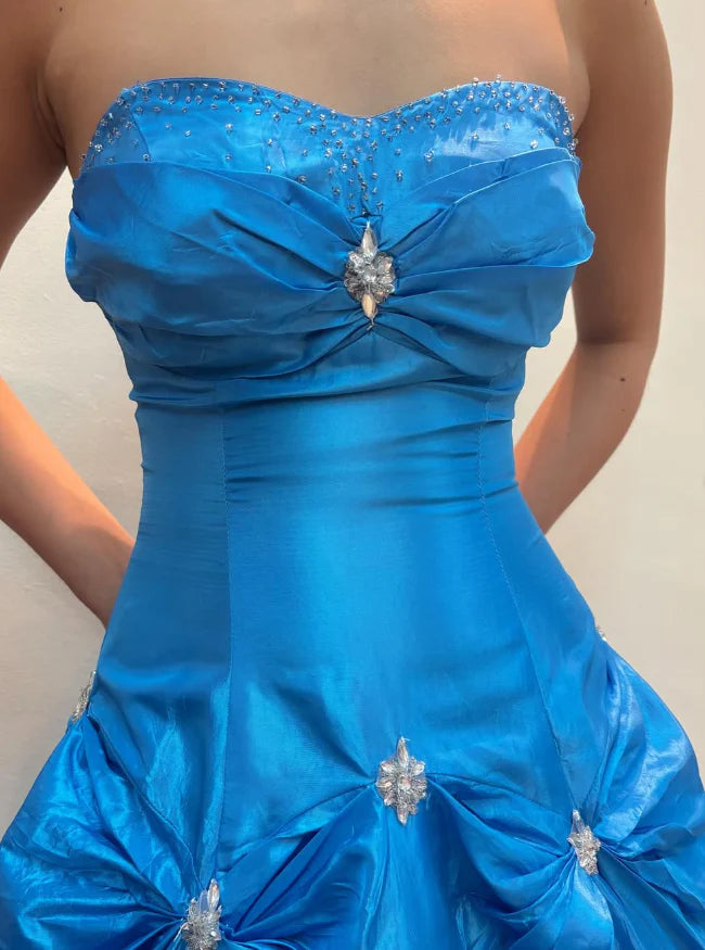 Weitese Dress Princess A Line Sweetheart Neck Beaded Rhinestone Blue Satin Long Prom Dress Evening Dress Party Dress