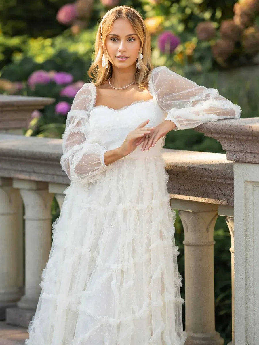 Weitese Dress Ruffles Dress Illusion Sleeves Fashion Polka Dot Layered Square Neck Party Prom Dresses