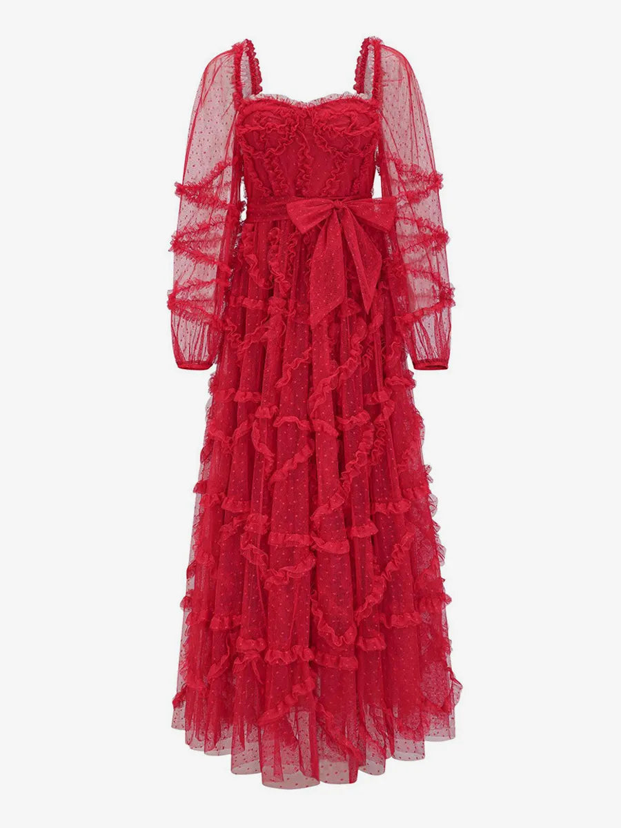 Weitese Dress Ruffles Dress Illusion Sleeves Fashion Polka Dot Layered Square Neck Party Prom Dresses