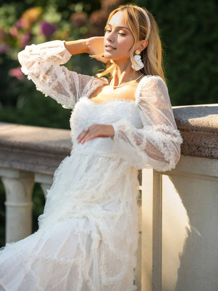 Weitese Dress Ruffles Dress Illusion Sleeves Fashion Polka Dot Layered Square Neck Party Prom Dresses