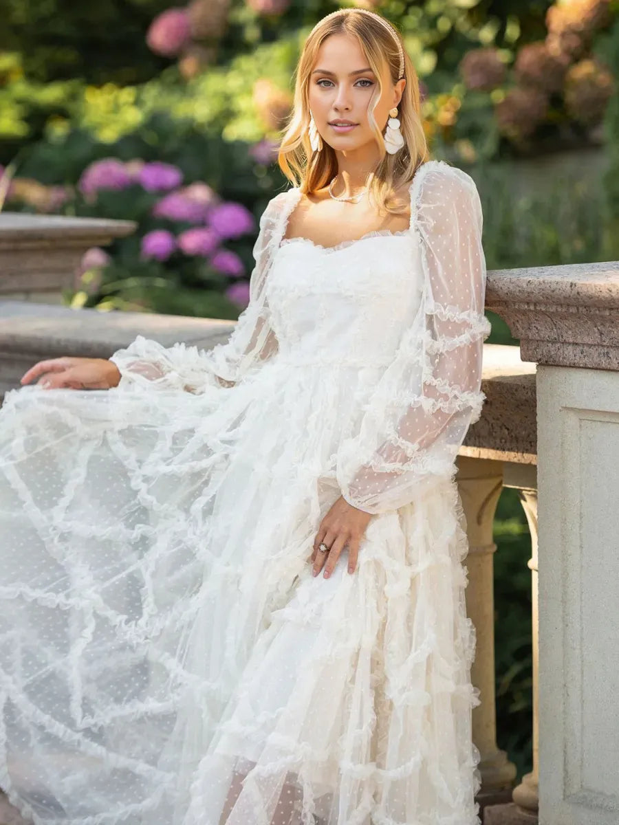 Weitese Dress Ruffles Dress Illusion Sleeves Fashion Polka Dot Layered Square Neck Party Prom Dresses