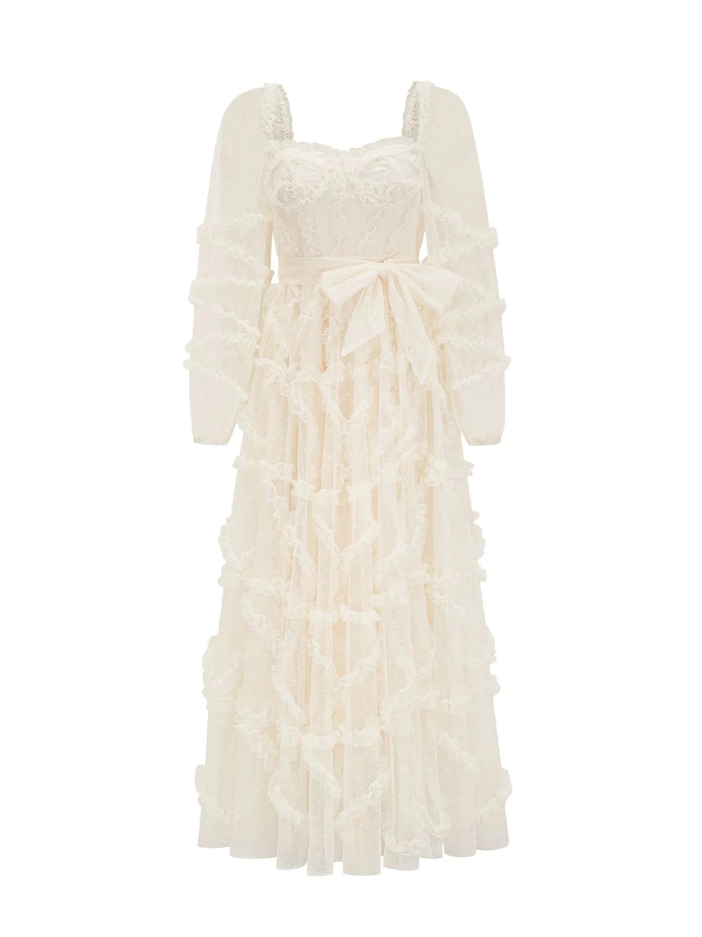 Weitese Dress Ruffles Dress Illusion Sleeves Fashion Polka Dot Layered Square Neck Party Prom Dresses