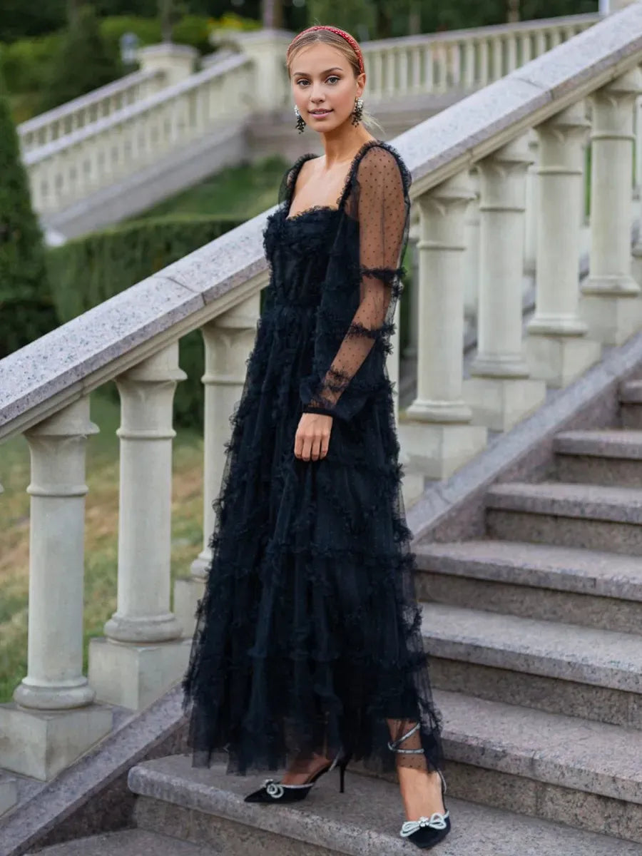 Weitese Dress Ruffles Dress Illusion Sleeves Fashion Polka Dot Layered Square Neck Party Prom Dresses