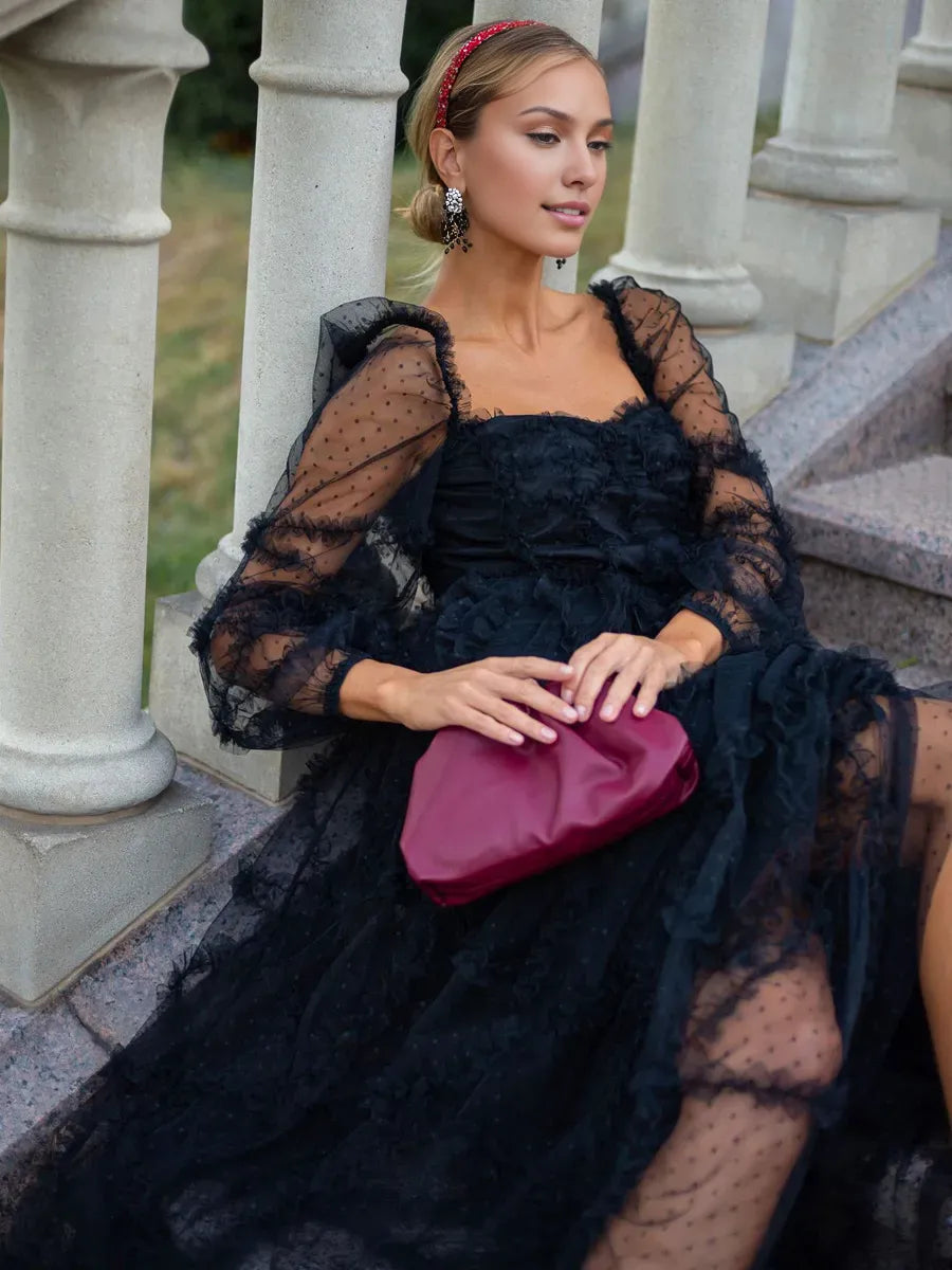 Weitese Dress Ruffles Dress Illusion Sleeves Fashion Polka Dot Layered Square Neck Party Prom Dresses