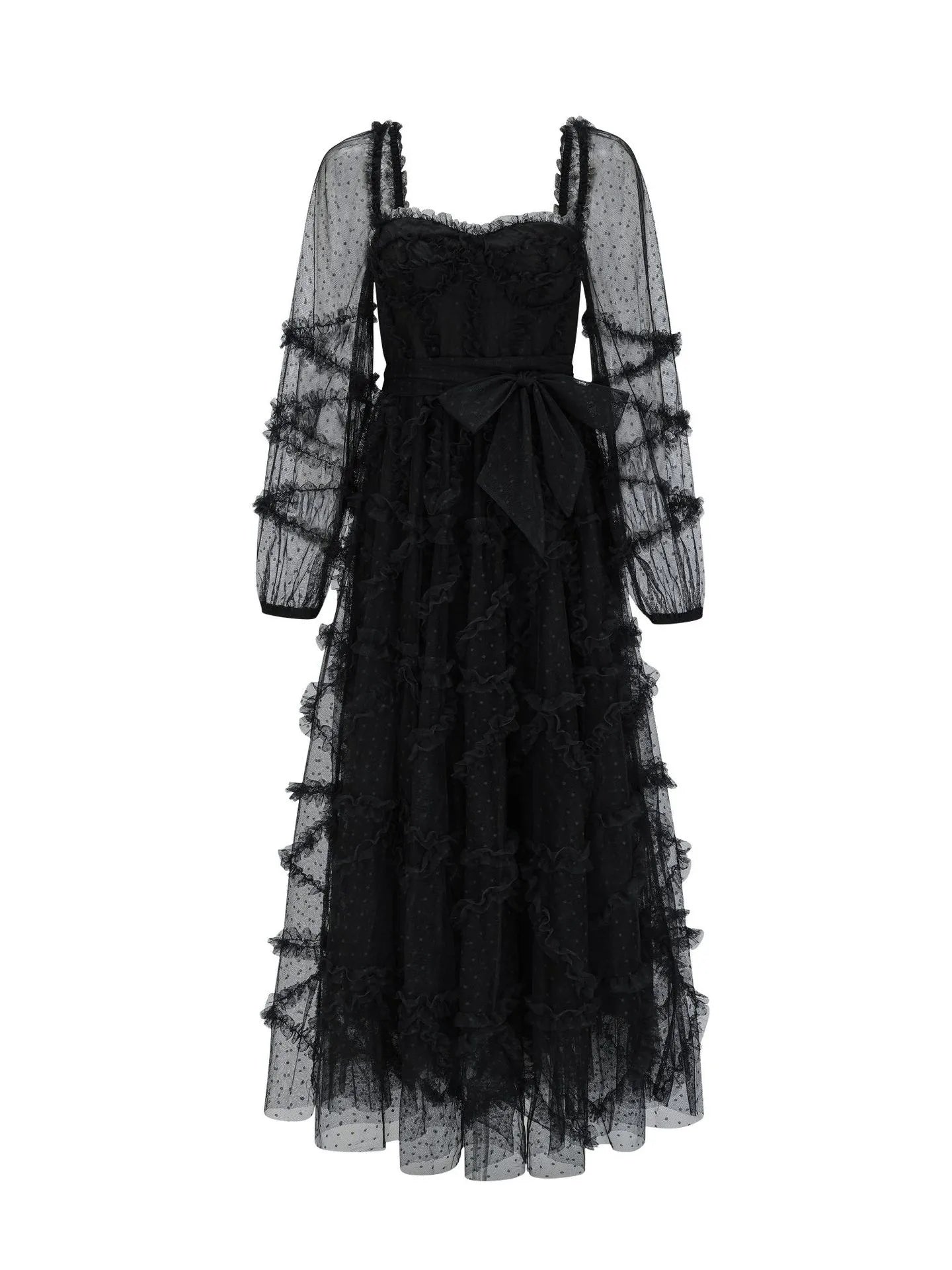 Weitese Dress Ruffles Dress Illusion Sleeves Fashion Polka Dot Layered Square Neck Party Prom Dresses