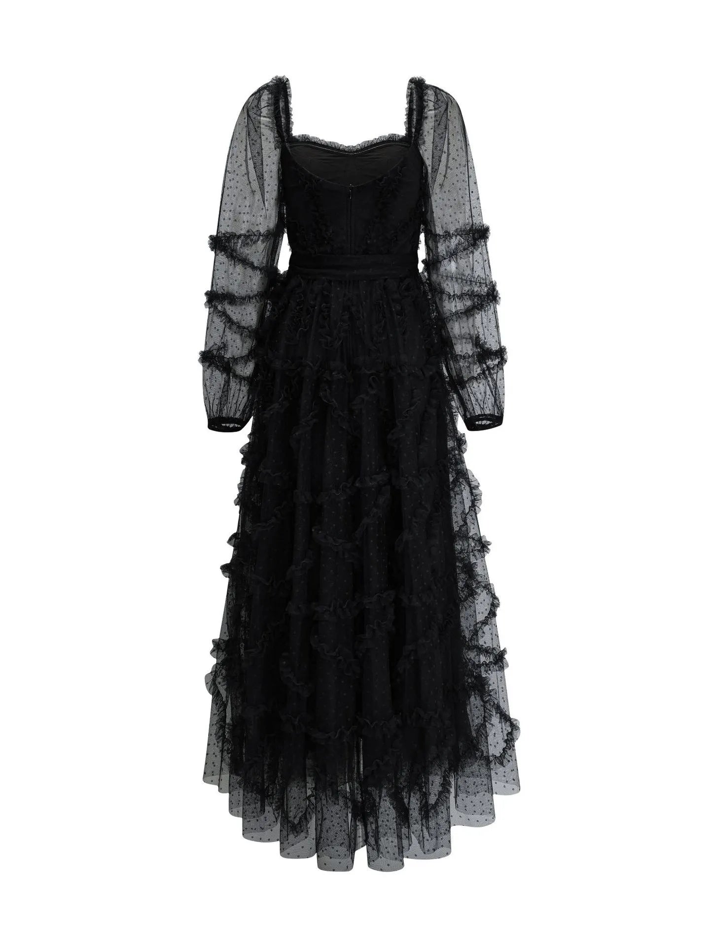 Weitese Dress Ruffles Dress Illusion Sleeves Fashion Polka Dot Layered Square Neck Party Prom Dresses