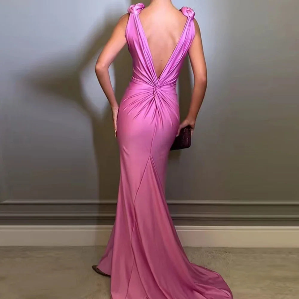 Vestido Weitese de satén plisado rosa, maxivestido sin mangas, vestido de fiesta sin espalda, escote en V profundo, vestido de fiesta 