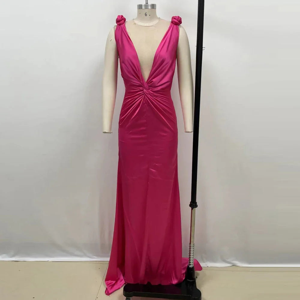 Weitese Dress Satin Pleated Pink Maxi Dress Sleeveless Party Dress Backless Deep V Neck Prom Dress