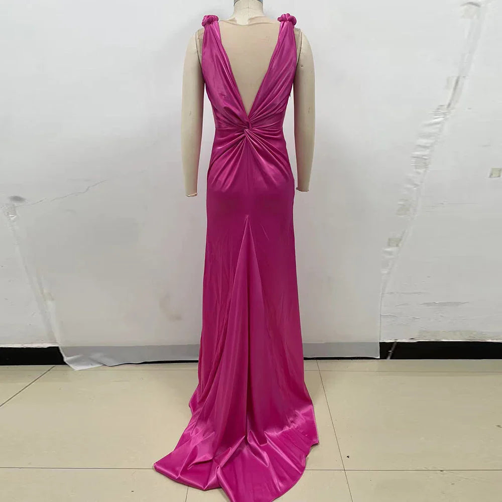 Weitese Dress Satin Pleated Pink Maxi Dress Sleeveless Party Dress Backless Deep V Neck Prom Dress