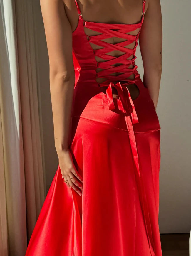 Weitese Dress Sexy Mermaid Spaghetti Strap Red Satin Prom Dress Evening Dress With Slit Party Dress