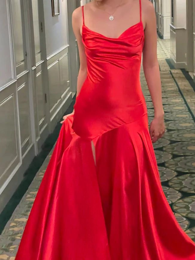 Weitese Dress Sexy Mermaid Spaghetti Strap Red Satin Prom Dress Evening Dress With Slit Party Dress