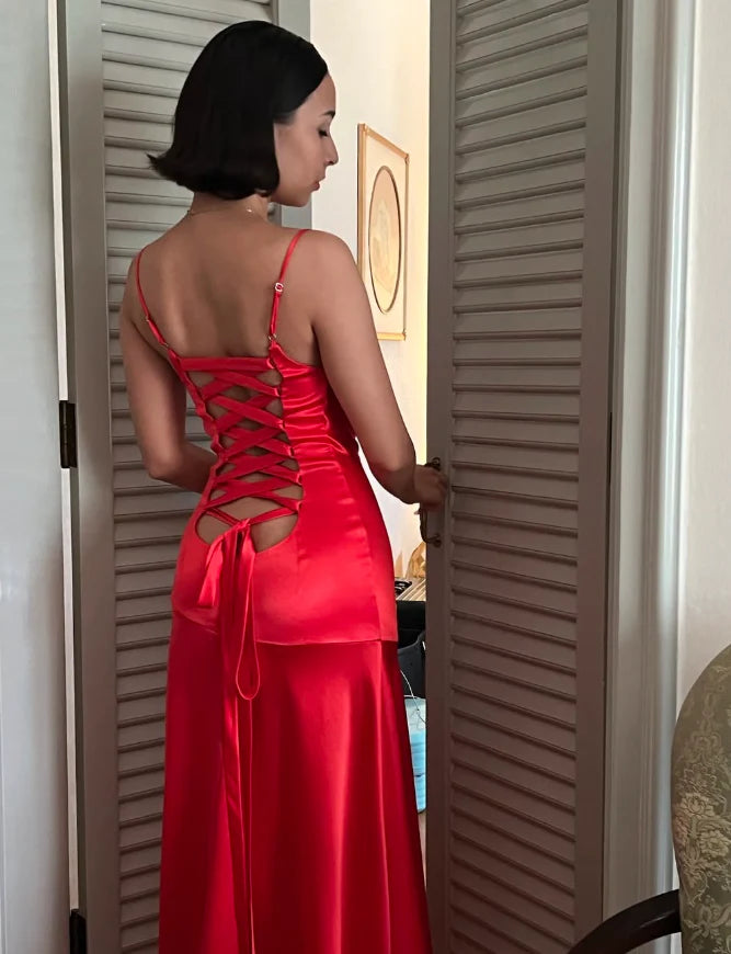 Weitese Dress Sexy Mermaid Spaghetti Strap Red Satin Prom Dress Evening Dress With Slit Party Dress