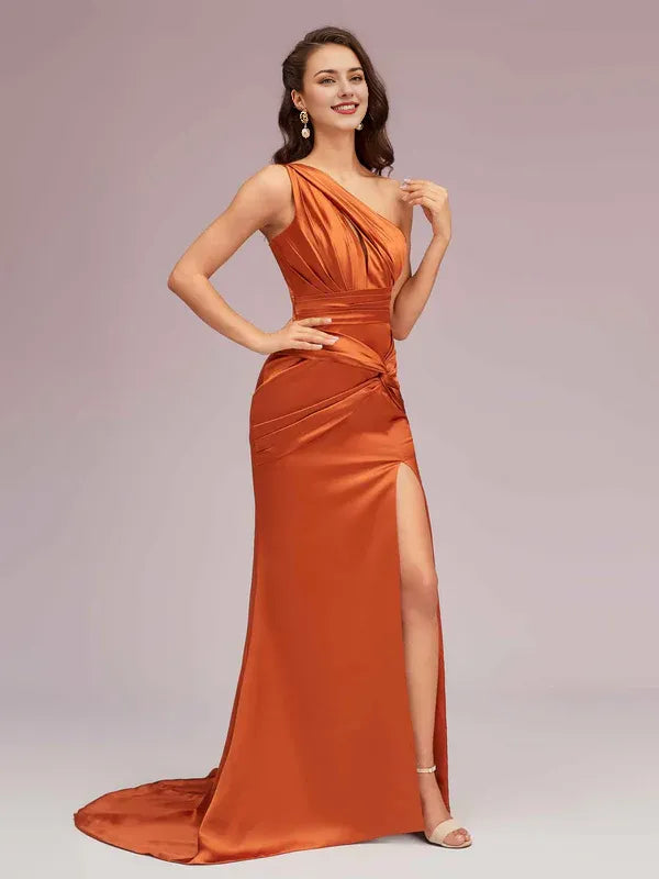 Robe longue sirène sexy à une épaule et fente latérale en satin doux, robe de soirée sans manches 