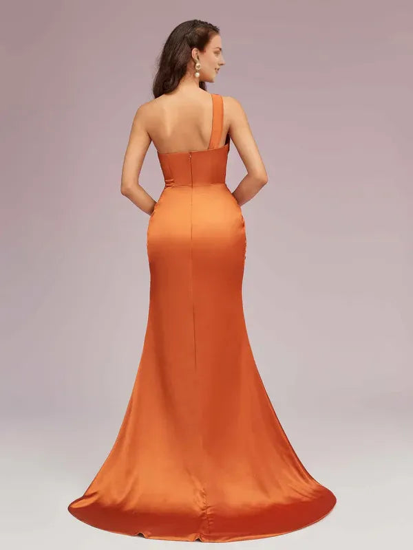 Robe longue sirène sexy à une épaule et fente latérale en satin doux, robe de soirée sans manches 