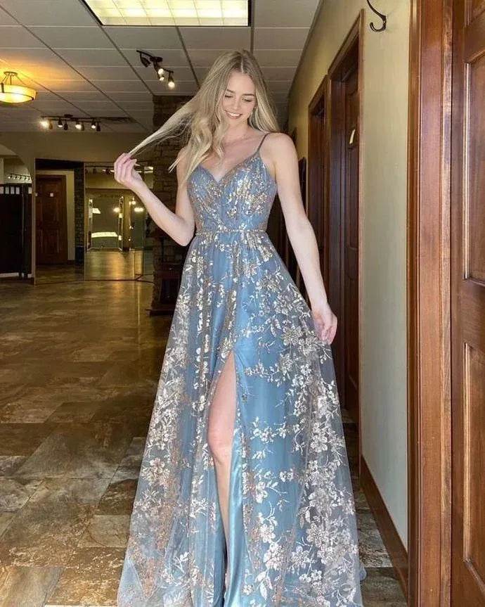 Robe Weitese sexy à bretelles spaghetti et col en V avec fente en dentelle, robe de bal longue, robe de soirée 