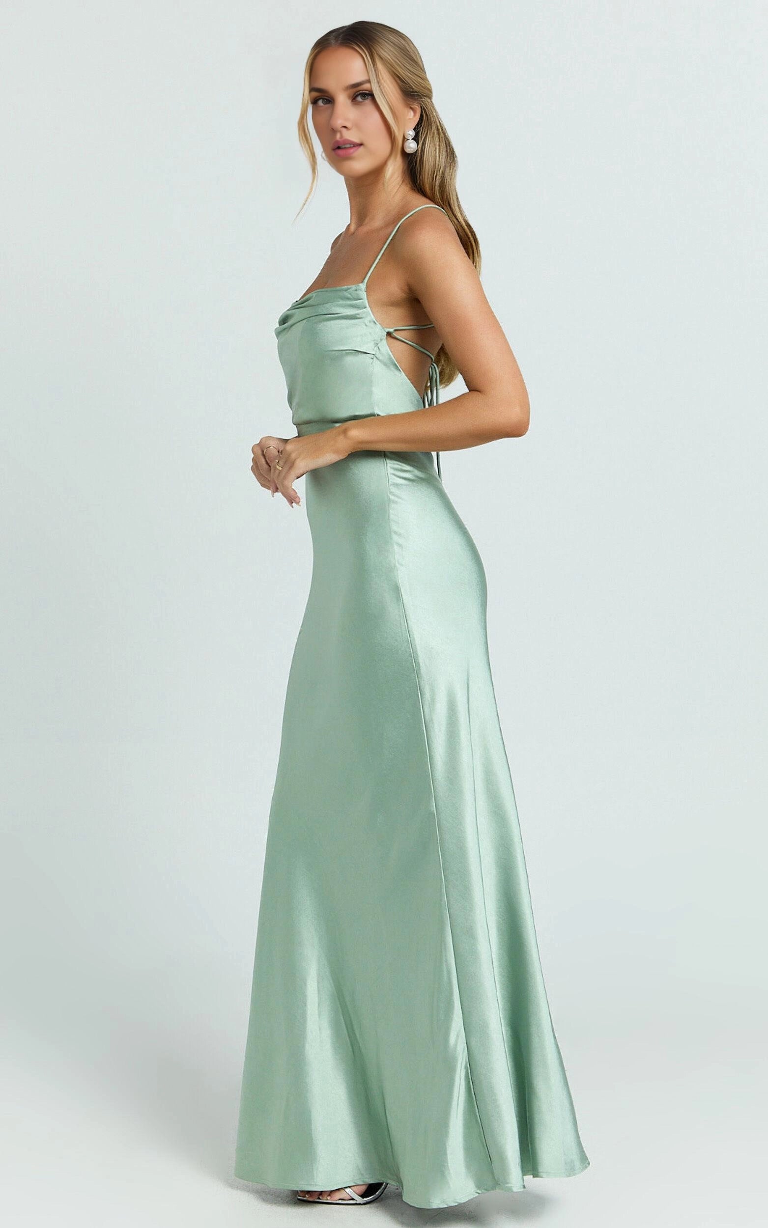 Weitese Dress Sexy Square Cowl Neck Maxi Dress Sleeveless Satin Low Back Dress Sage Lace Up Evening Dress