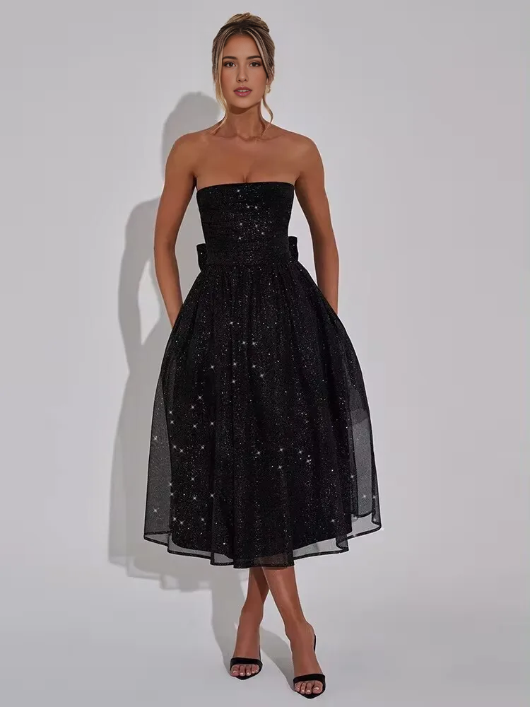 Weitese Dress Sheer Sequin Black Back Bow Tube Flare Midi Dress Party Dress Off-the-Shoulder Tea-Length Khaki Prom Dress