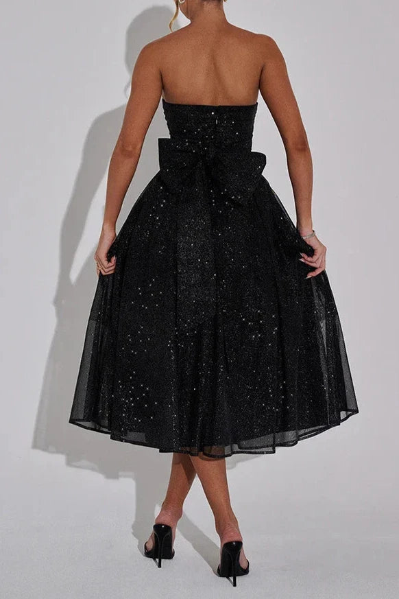 Weitese Dress Sheer Sequin Black Back Bow Tube Flare Midi Dress Party Dress Off-the-Shoulder Tea-Length Khaki Prom Dress