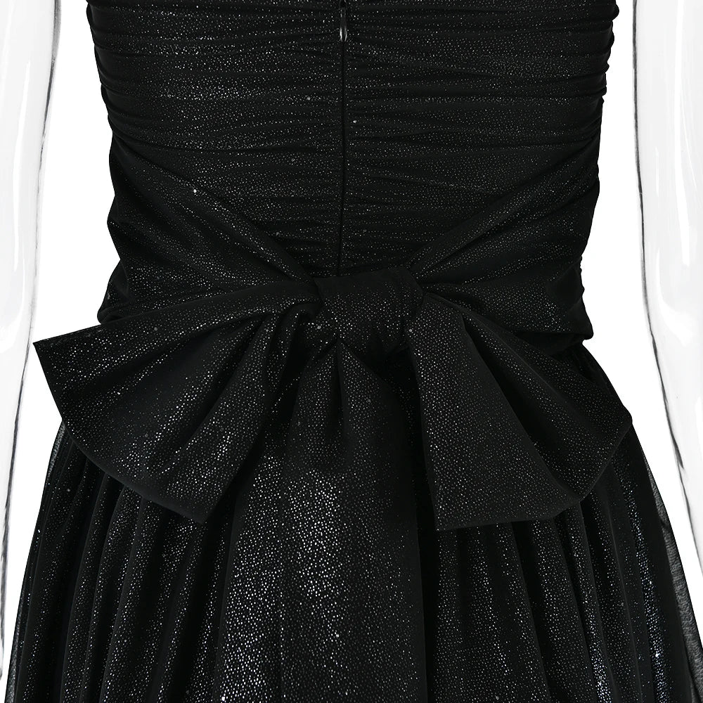 Weitese Dress Sheer Sequin Black Back Bow Tube Flare Midi Dress Party Dress Off-the-Shoulder Tea-Length Khaki Prom Dress