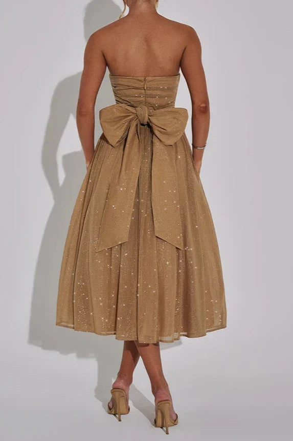 Weitese Dress Sheer Sequin Black Back Bow Tube Flare Midi Dress Party Dress Off-the-Shoulder Tea-Length Khaki Prom Dress