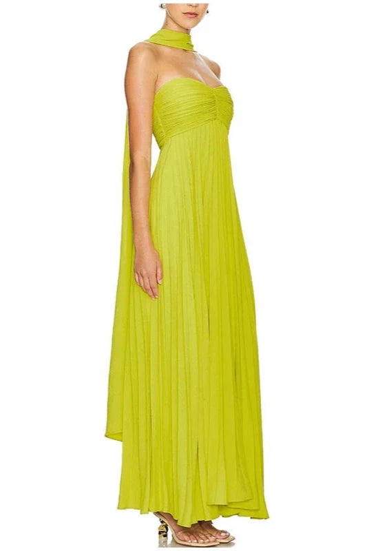 Weitese Dress Sheer Strapless Pleated Maxi Dress Party Dress Off-the-Shoulder Floor Length Prom Dress