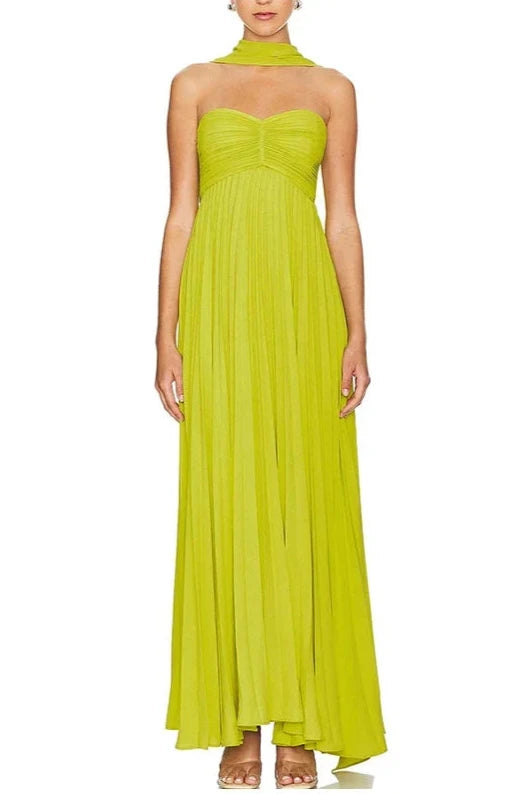 Weitese Dress Sheer Strapless Pleated Maxi Dress Party Dress Off-the-Shoulder Floor Length Prom Dress