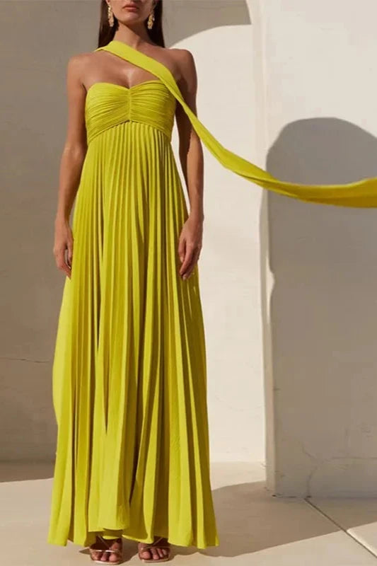 Weitese Dress Sheer Strapless Pleated Maxi Dress Party Dress Off-the-Shoulder Floor Length Prom Dress