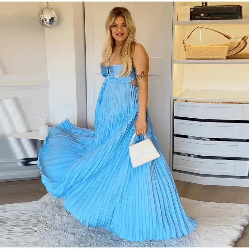 Weitese Dress Simple Blue Sleeveless A-line Long Evening Prom Dresses Formal Wear Dresses