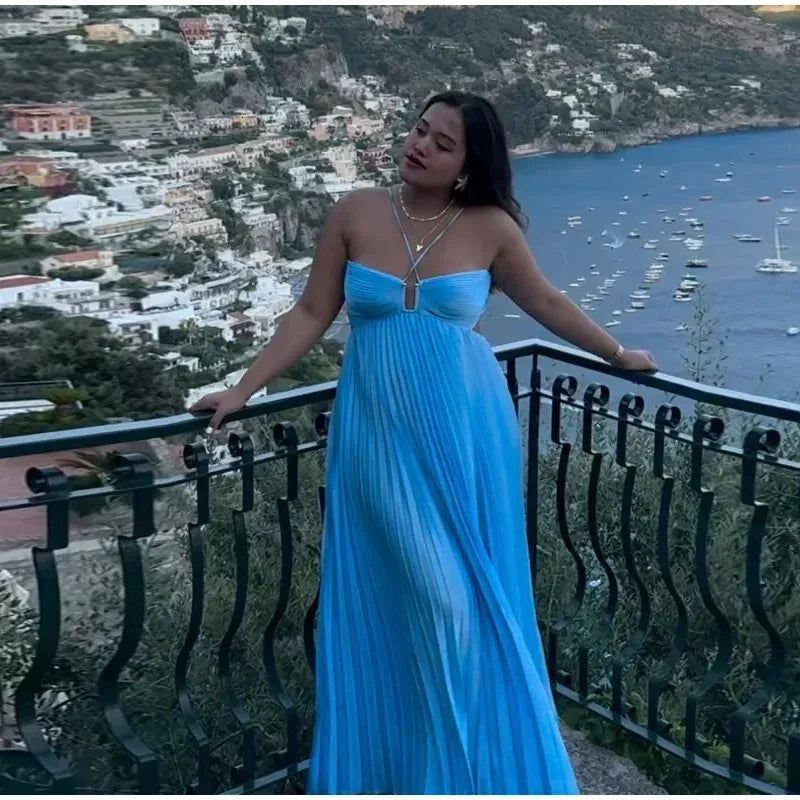 Weitese Dress Simple Blue Sleeveless A-line Long Evening Prom Dresses Formal Wear Dresses