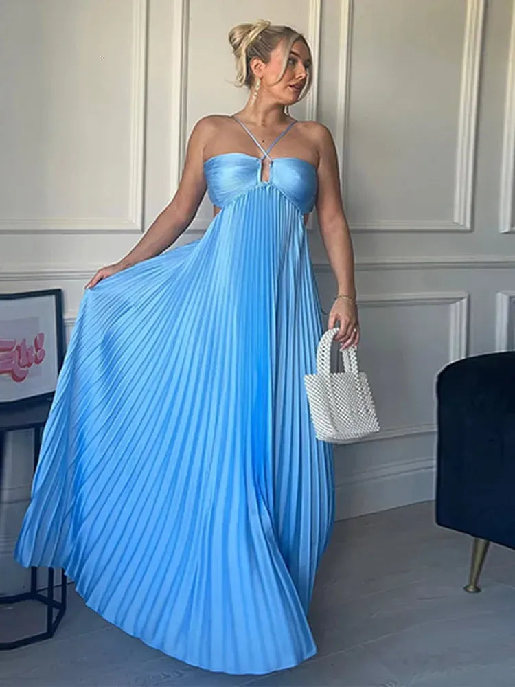 Weitese Dress Simple Blue Sleeveless A-line Long Evening Prom Dresses Formal Wear Dresses