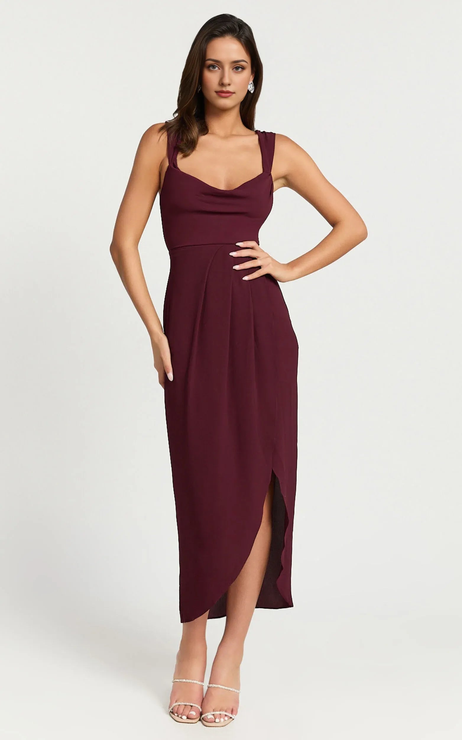 Weitese Dress Simple Cowl Neck Draped Midi Cocktail Dresses Wine Sheath Solid Color Regular Straps Prom Dress