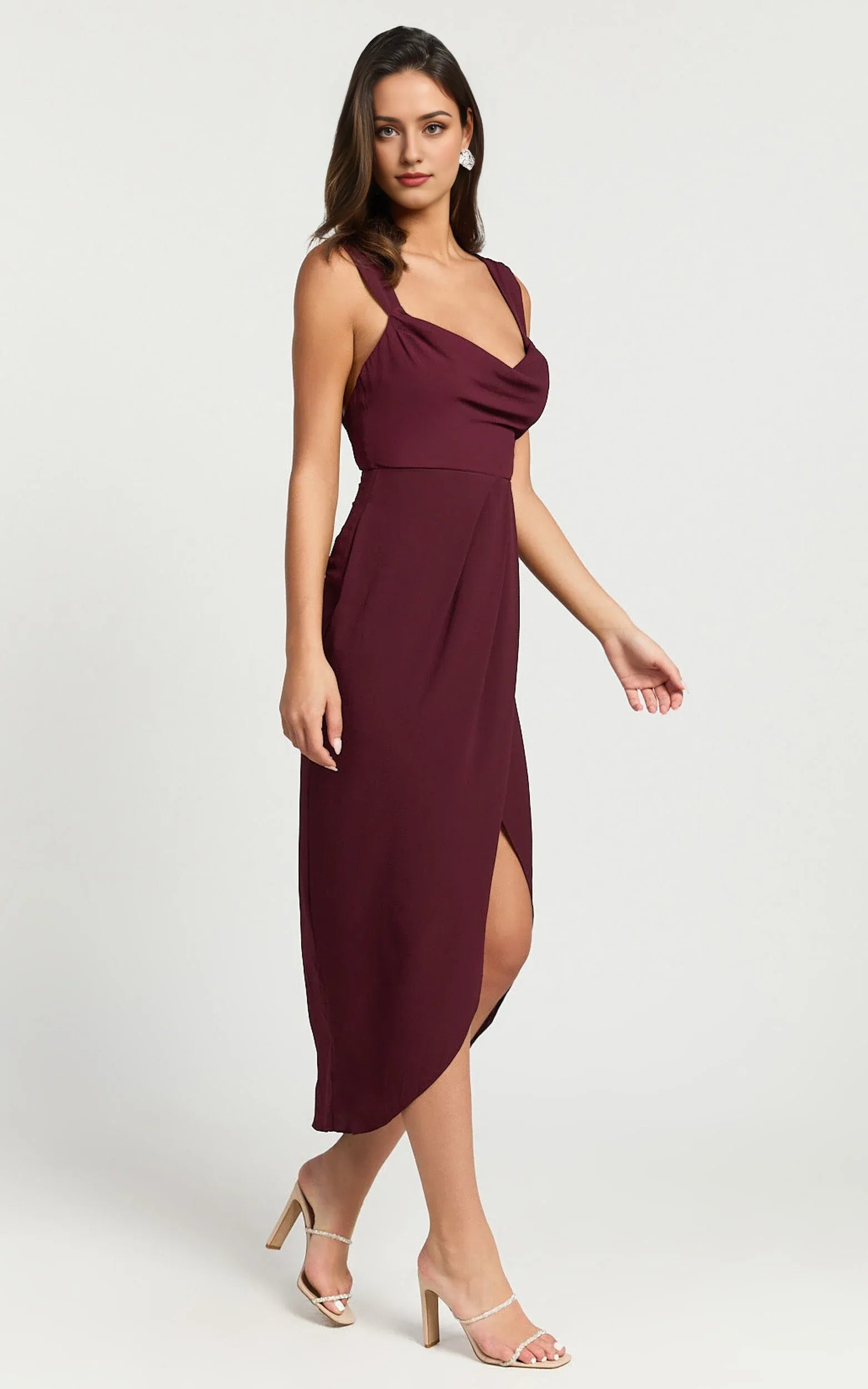 Weitese Dress Simple Cowl Neck Draped Midi Cocktail Dresses Wine Sheath Solid Color Regular Straps Prom Dress