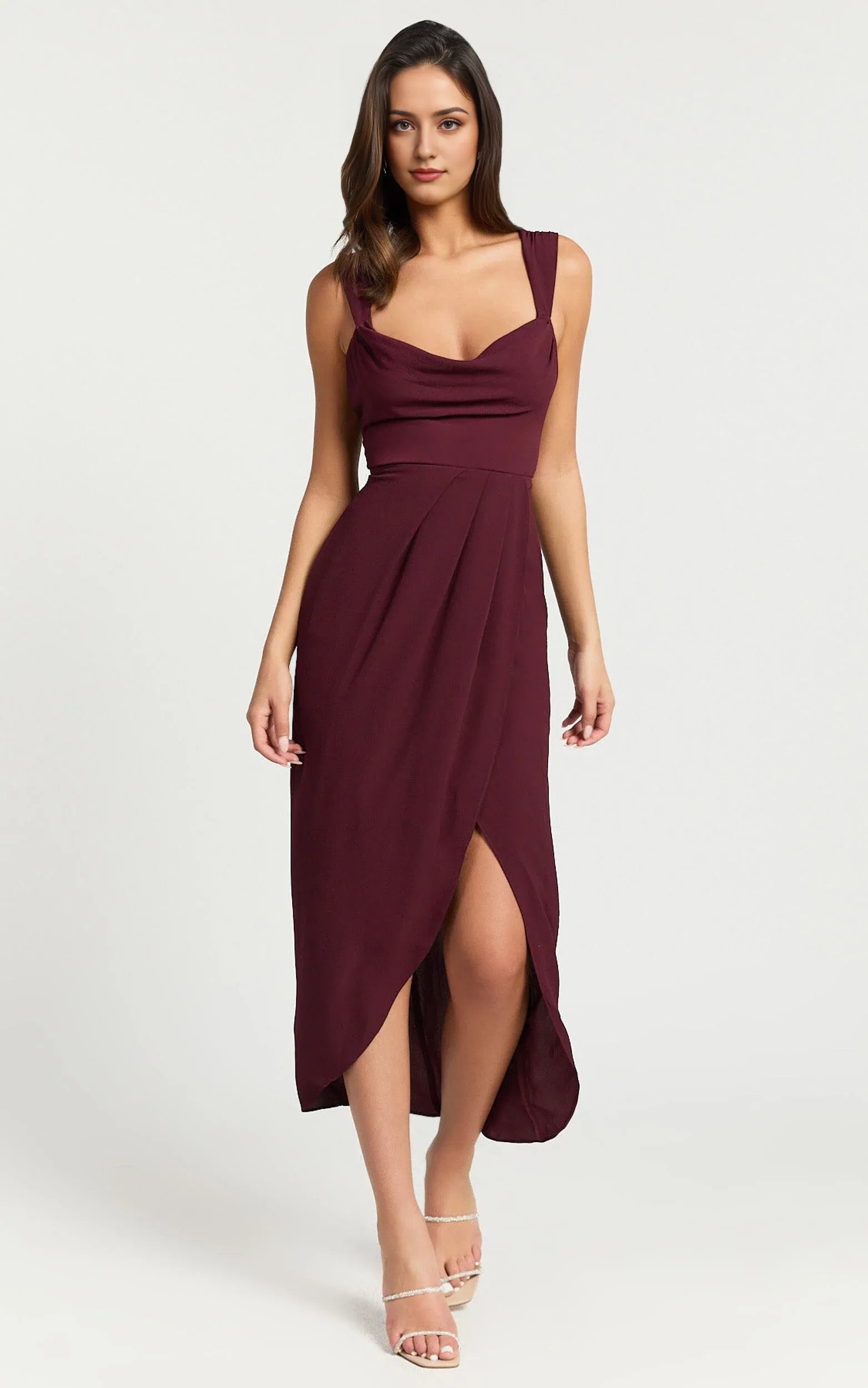 Weitese Dress Simple Cowl Neck Draped Midi Cocktail Dresses Wine Sheath Solid Color Regular Straps Prom Dress