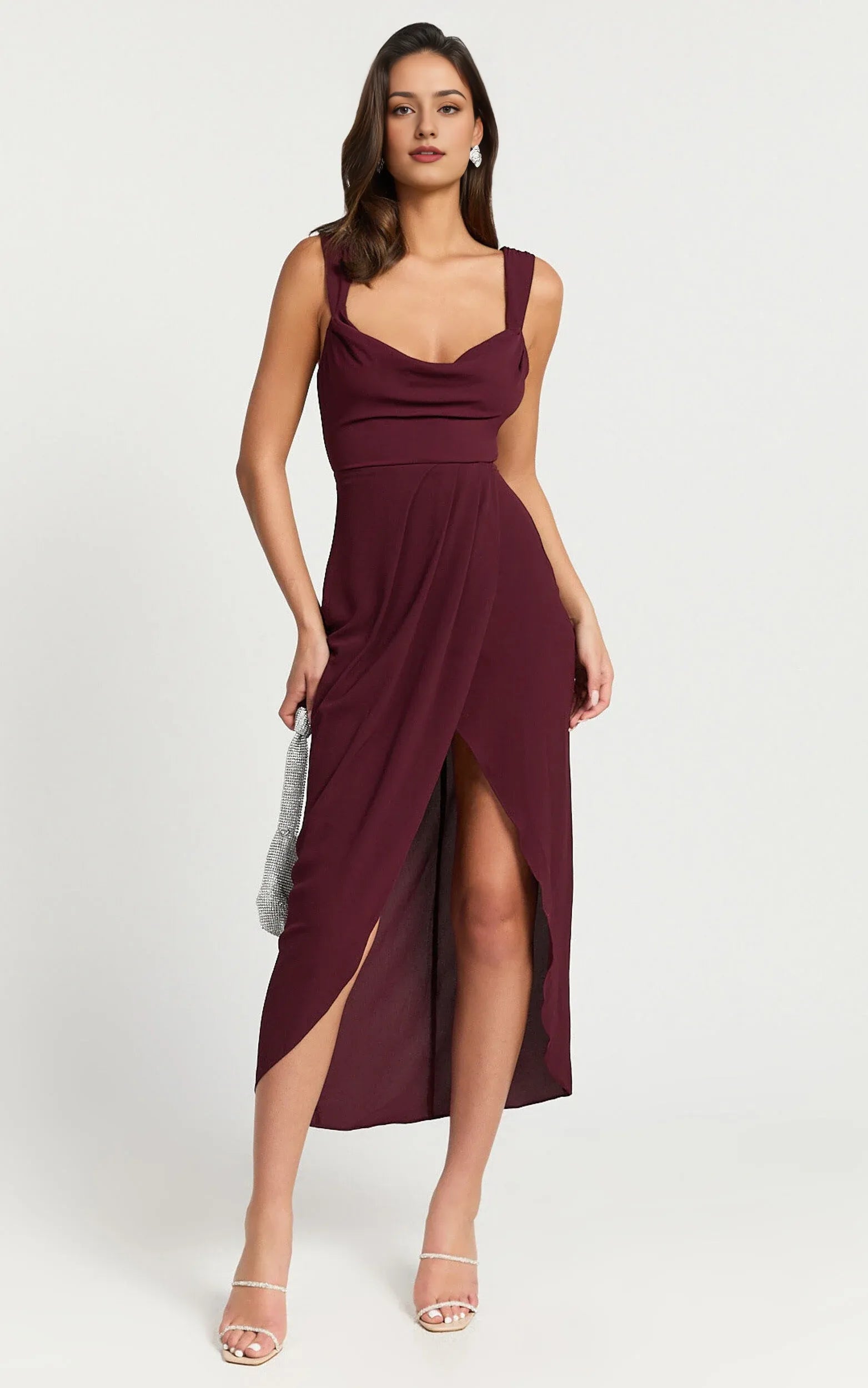 Weitese Dress Simple Cowl Neck Draped Midi Cocktail Dresses Wine Sheath Solid Color Regular Straps Prom Dress