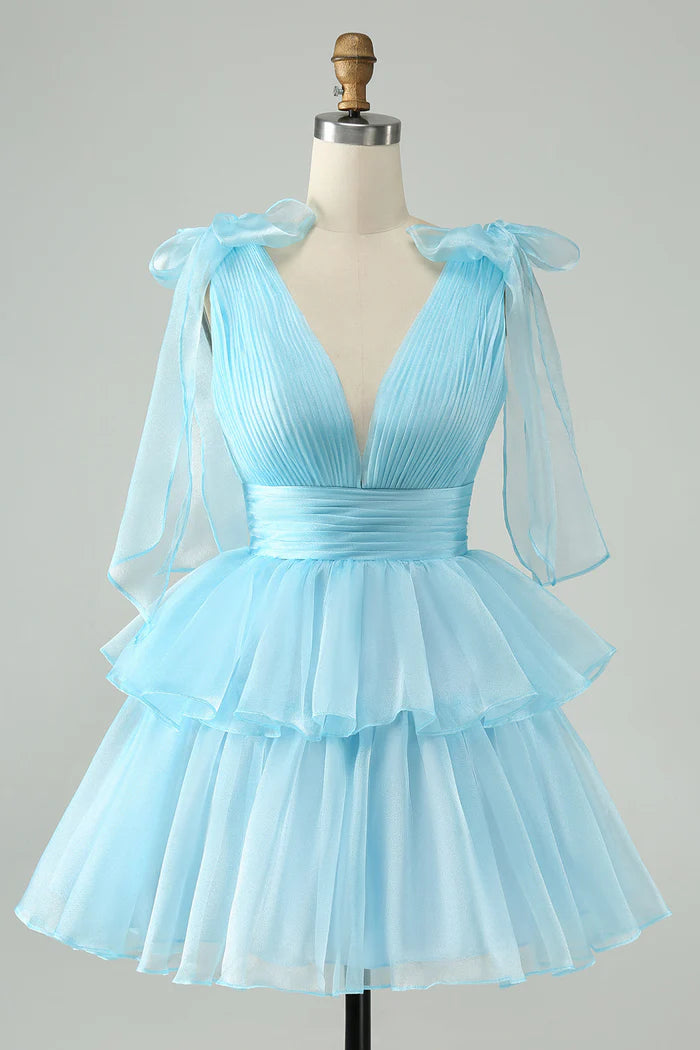 Weitese Dress Sky Blue A Line V Neck Pleated Tiered Short Homecoming Dress Sleeveless V Back Party Dress
