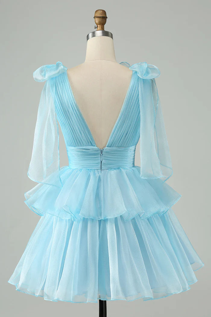Weitese Dress Sky Blue A Line V Neck Pleated Tiered Short Homecoming Dress Sleeveless V Back Party Dress